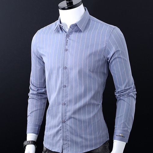 湯河之家 2019秋季新款長袖襯衫男青年時尚修身精品刺繡條紋襯衣男裝c