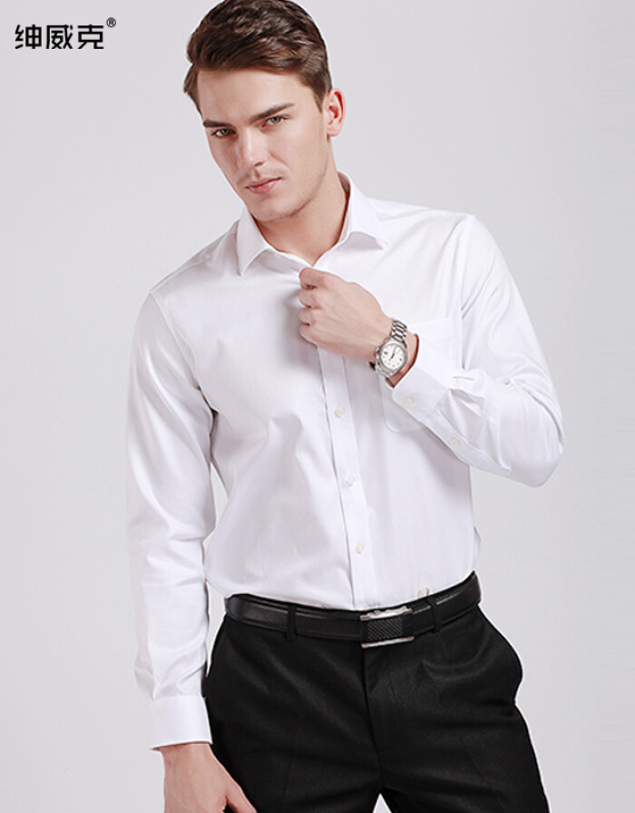 紳威克 時尚品牌男裝 男士職業正裝修身白襯衫男 長袖 商務紳士小方領襯衣 白色暗紋 37