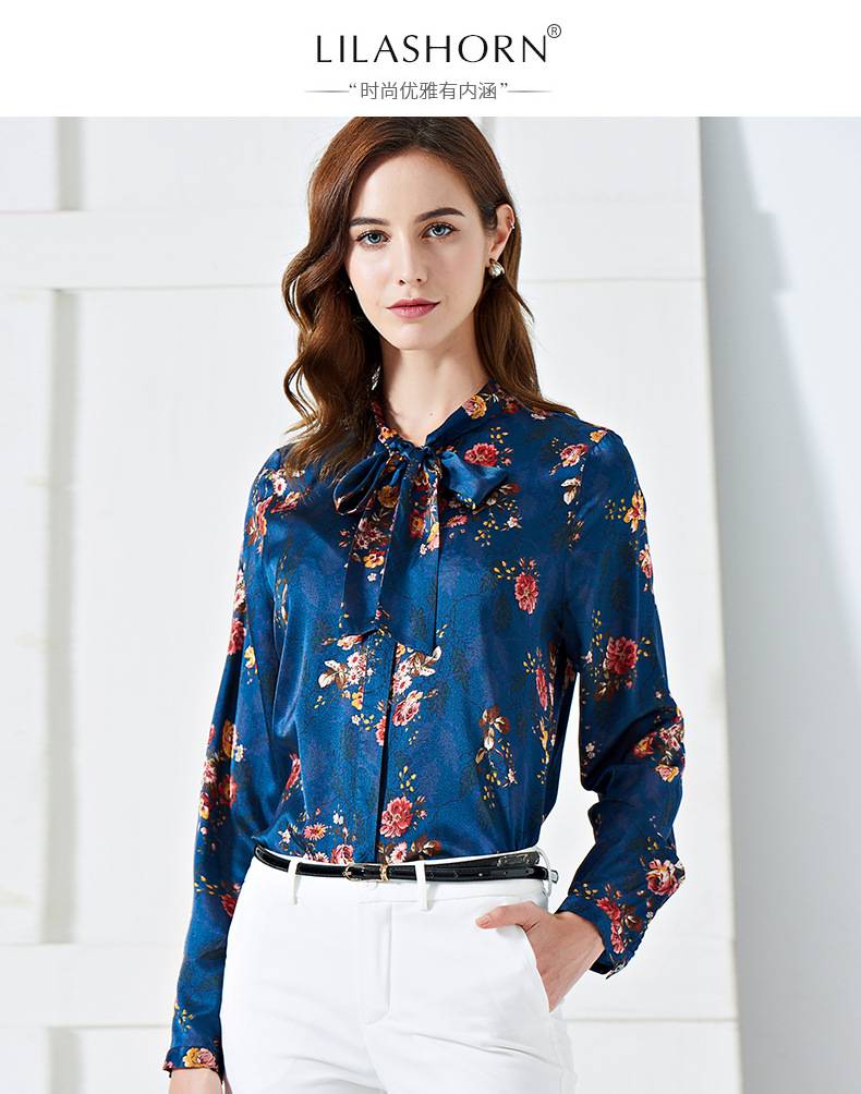 施悅名2019新品春秋精品女裝歐美高檔系帶長(zhǎng)袖真絲襯衫女印花桑蠶絲襯衣